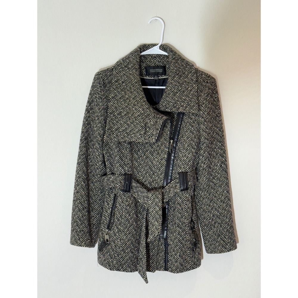 DONNYBROOK Authentic Women's Black White Herringbone Belted Moto Coat Size S